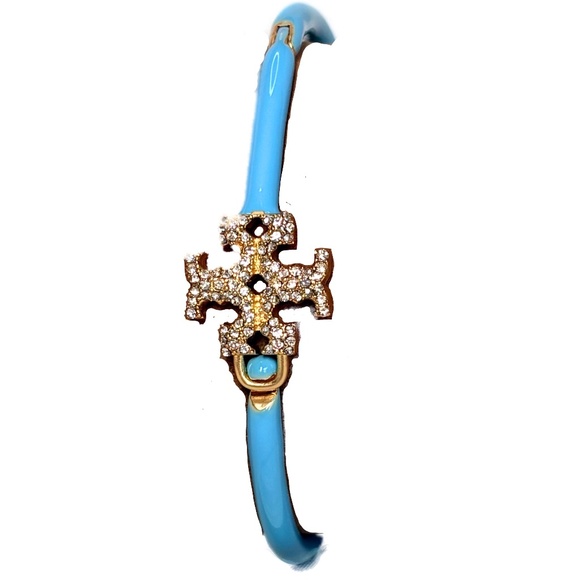 New Tory Burch Eleanor Pave Hinged Cuff Bracelet - Blue & Gold - Picture 5 of 5